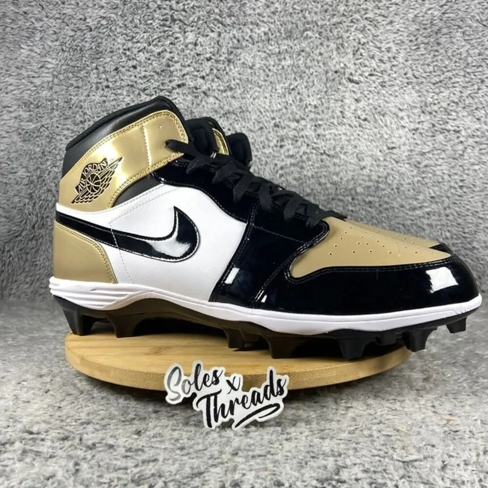 Size 17 Air Jordan 1 Mid TD Football Patent Gold Toe Men FJ6805-701